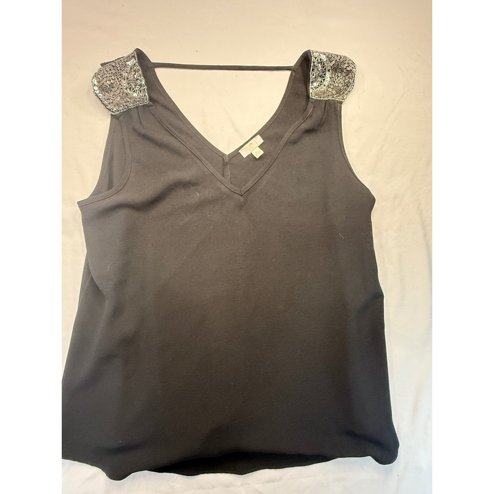 C. Wonder Womens Black V-Neck Sleeveless Blouse Beaded Shoulder Accents XL